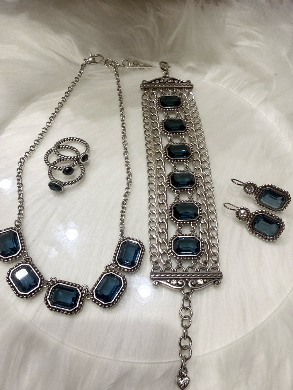 Brighton Silver-Tone Necklace Bracelet Earring Ring Set with Blue Crystals